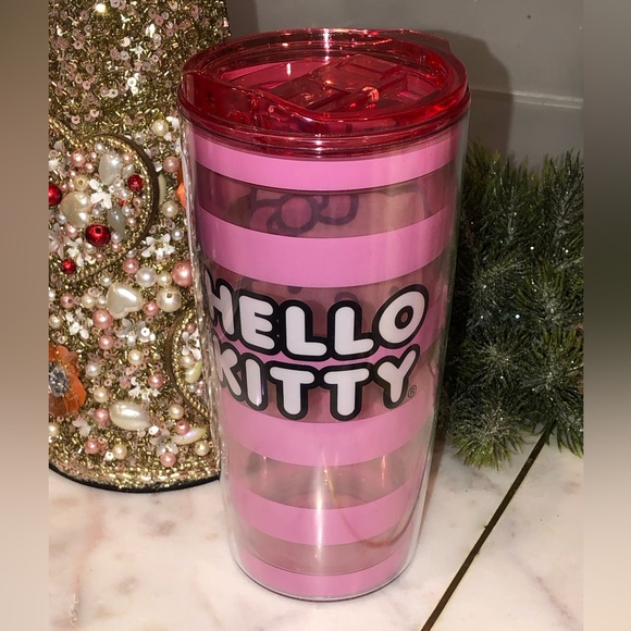 💖NWT💖 Hello Kitty Sanrio Striped Red & Pink Travel Mug with Lid - Picture 2 of 7